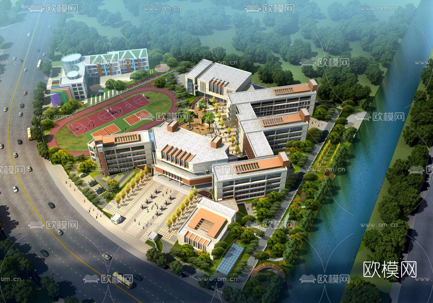 现代学校鸟瞰3d模型下载（渲染图1）