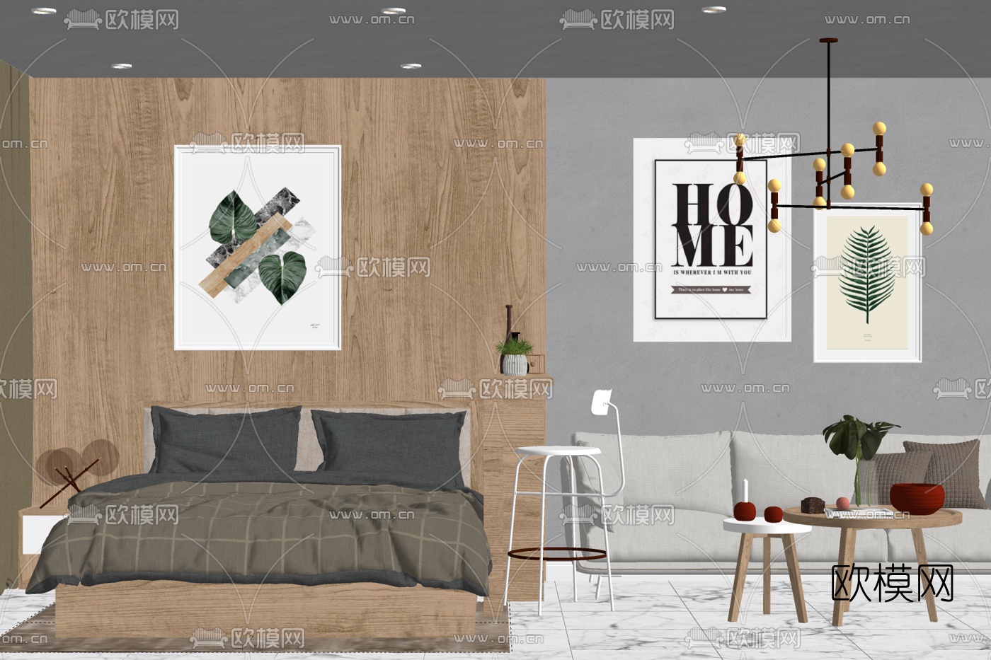 北欧布艺双人床su模型下载