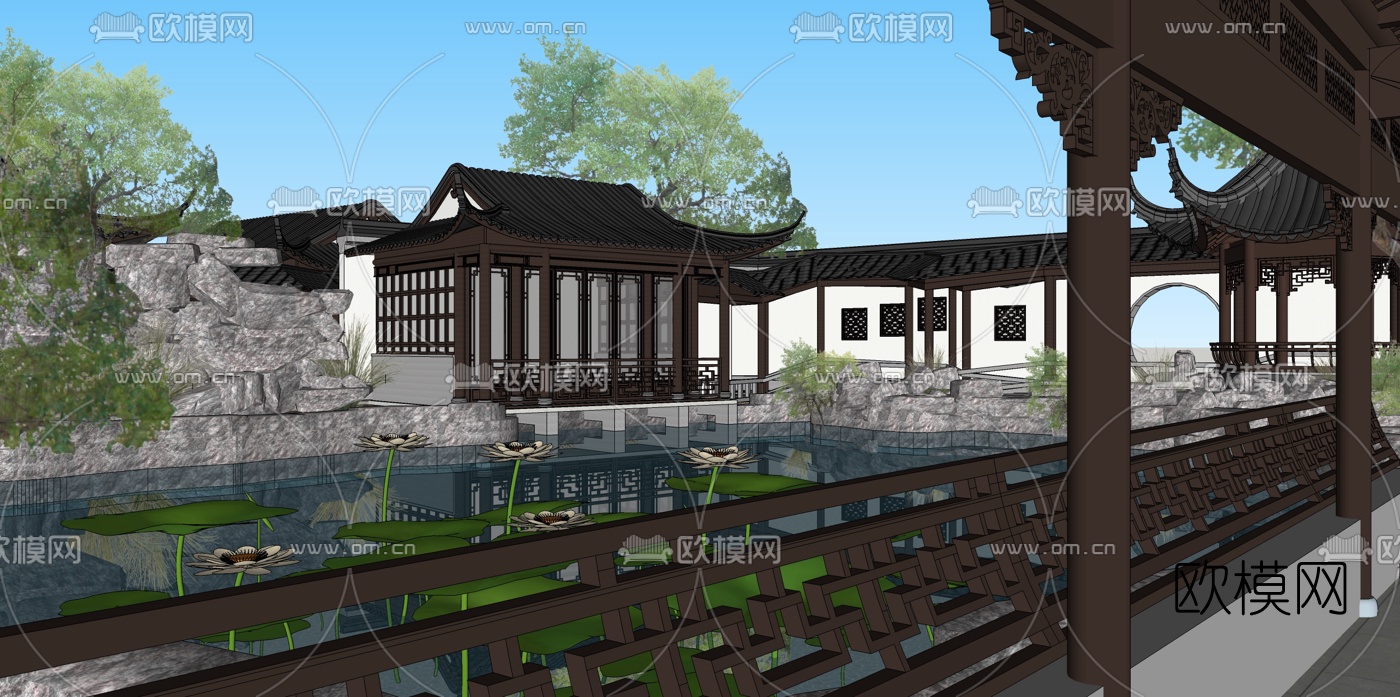 中式别墅庭院景观su模型下载（渲染图4）