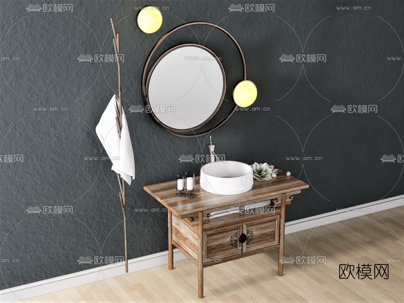 新中式木架洗手台su模型下载（渲染图2）