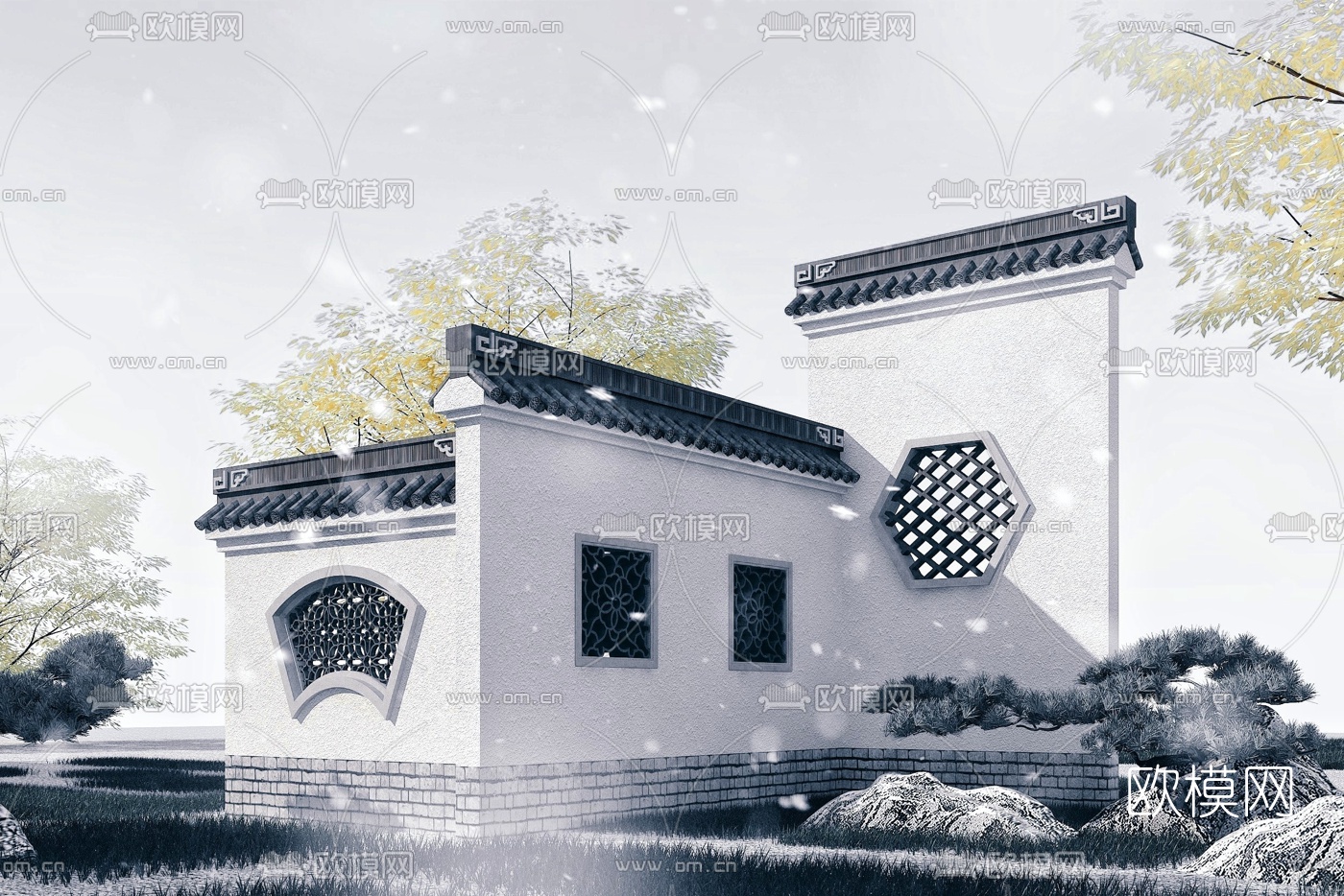 中式徽派花窗景观墙3d模型
