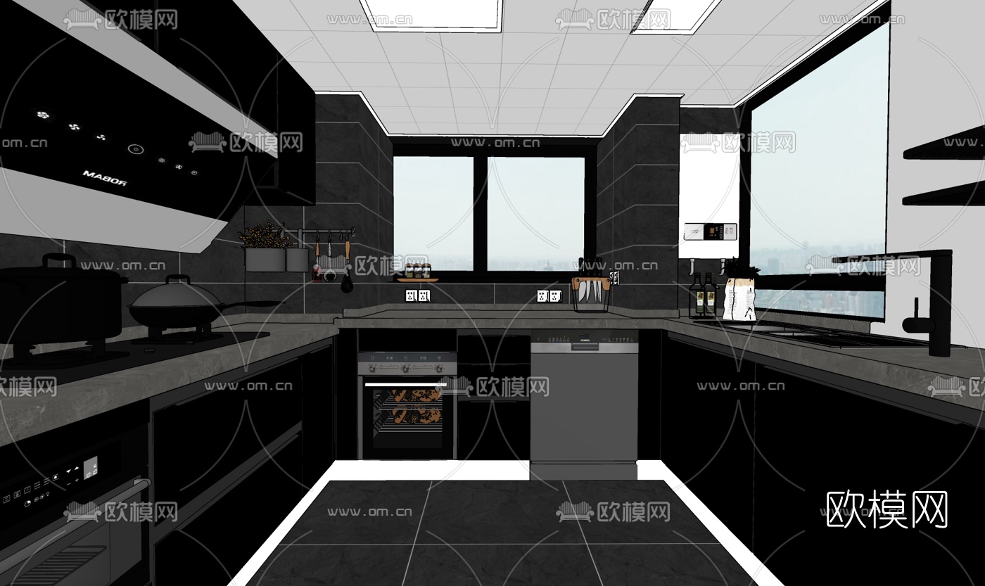 现代厨房su模型下载（渲染图2）