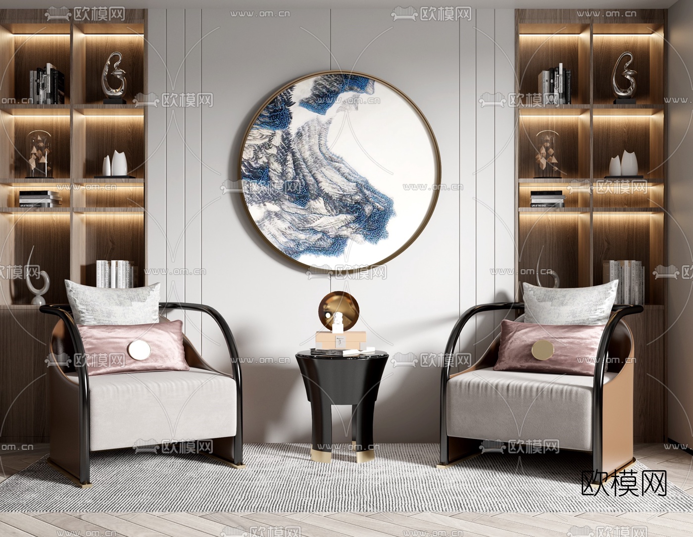 新中式布艺单人沙发边几3d模型下载