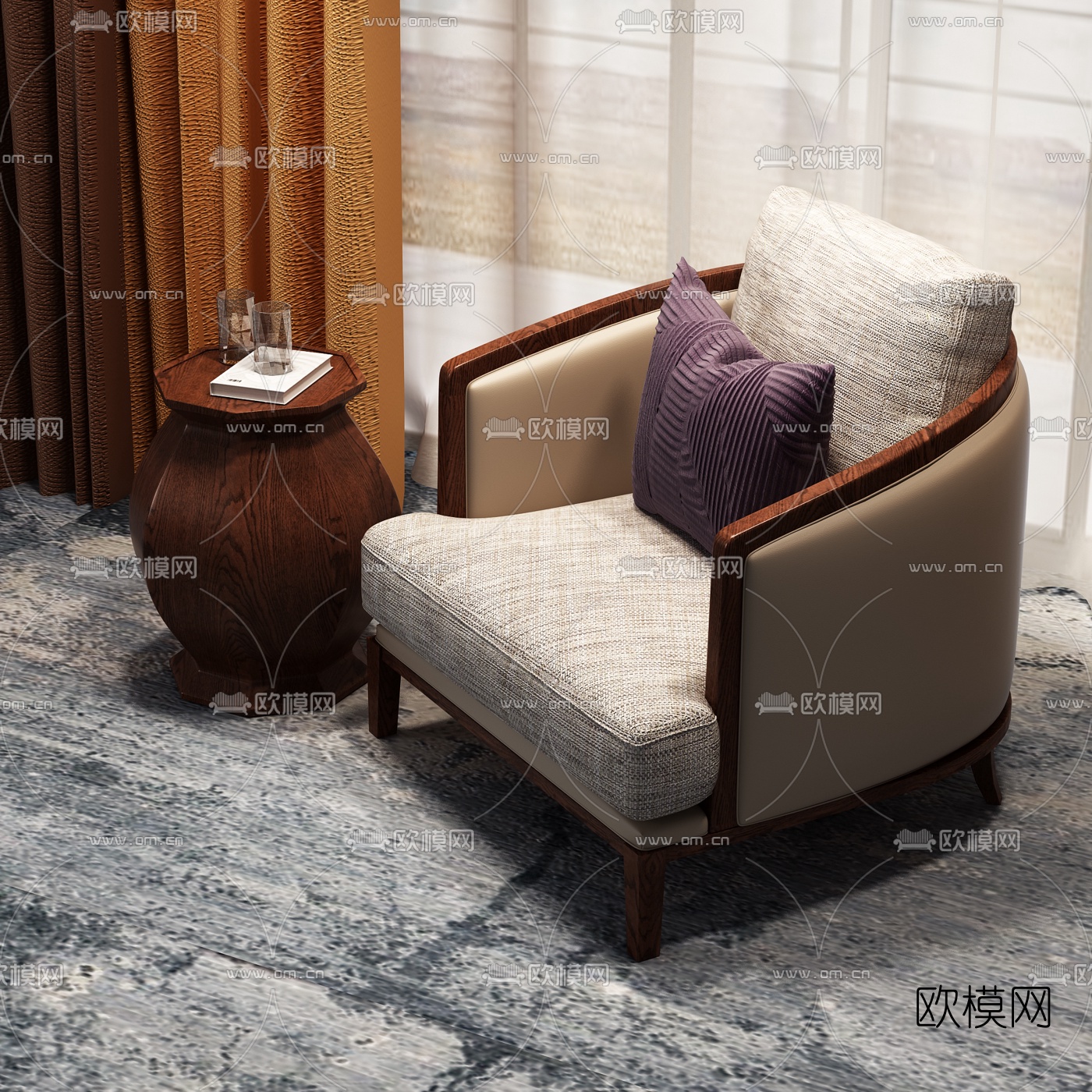 新中式布艺单人沙发茶几3d模型