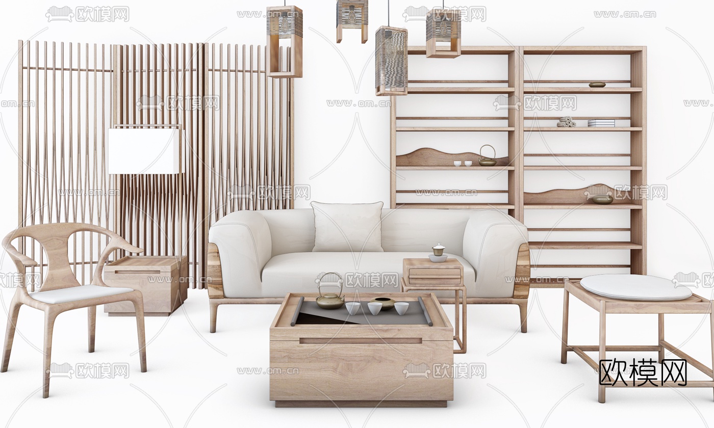自然风沙发茶几组合3d模型下载