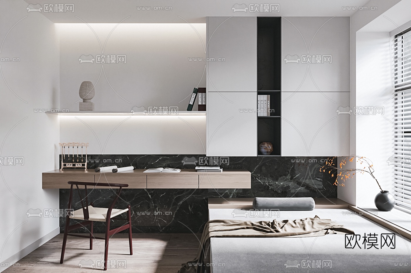 新中式侘寂榻榻米卧室3d模型下载（渲染图1）