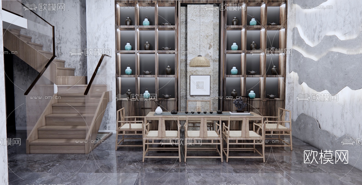 新中式实木茶桌椅su模型下载