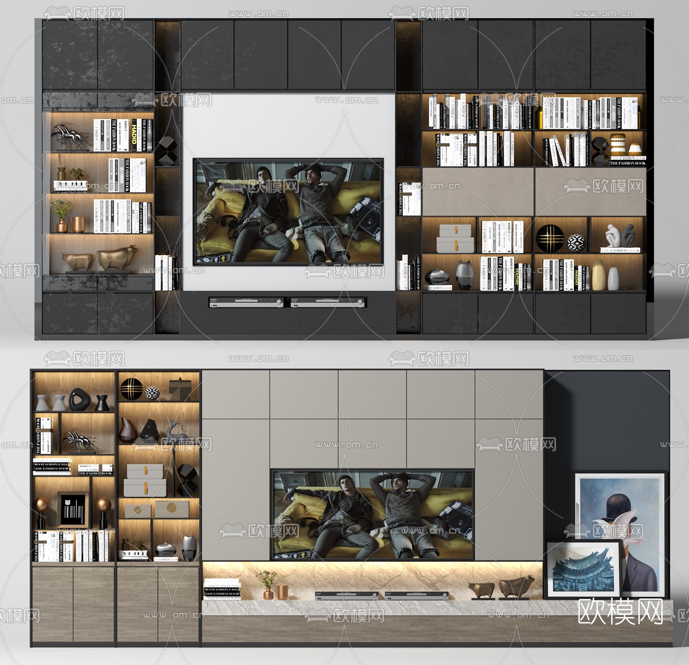 现代一体式书柜电视柜3d模型-免费3dmax模型库-欧模网