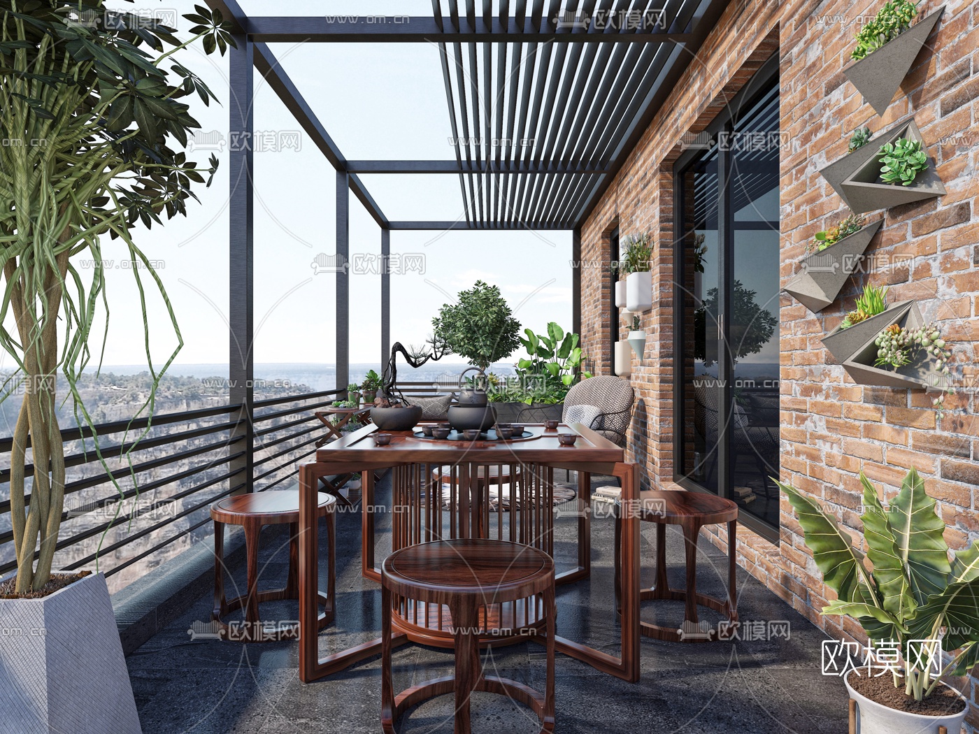 新中式阳台茶室3d模型