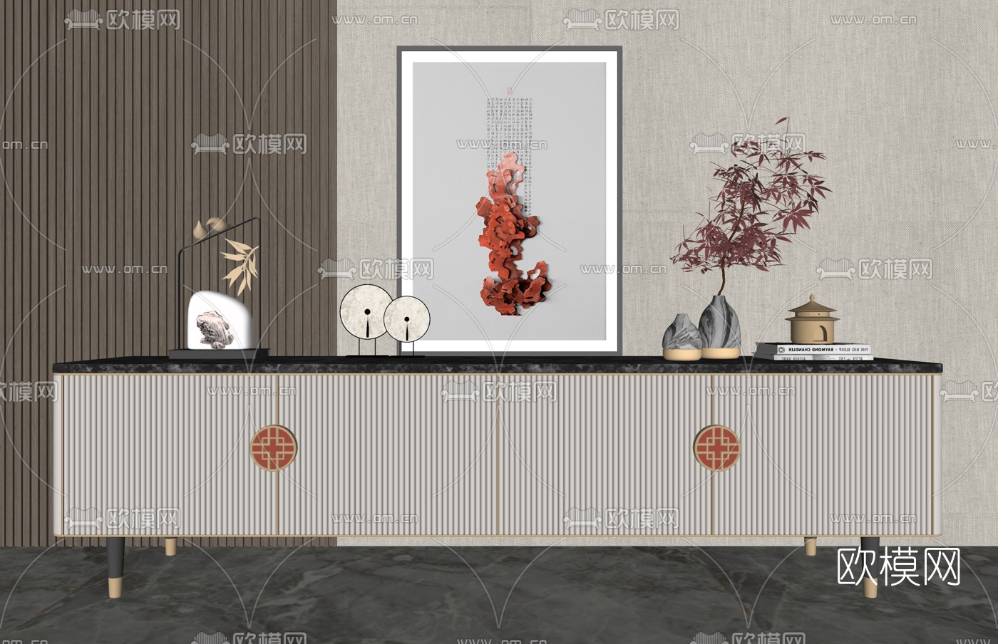 新中式电视柜su模型下载（渲染图2）