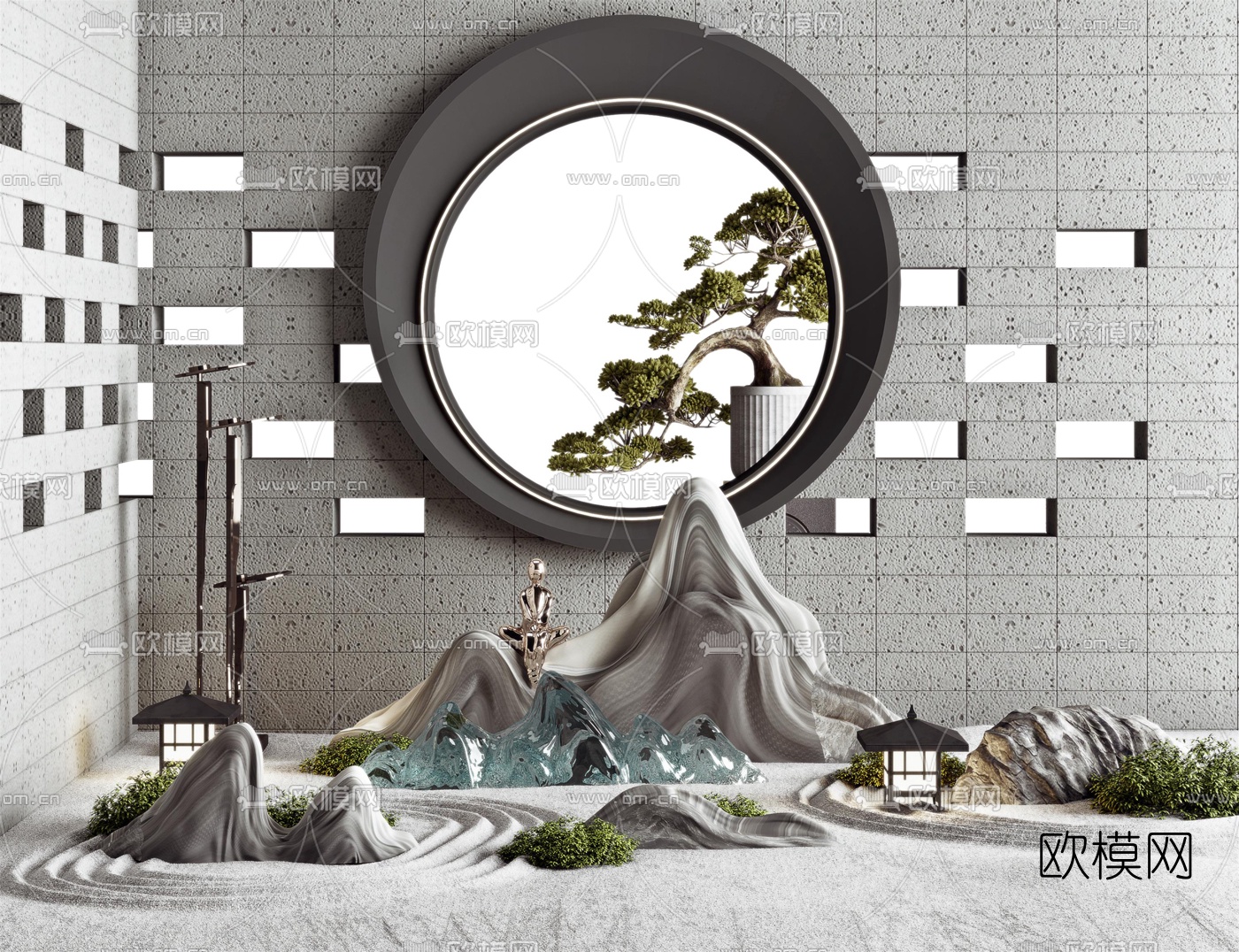 新中式山石树木园艺小品3d模型下载（渲染图1）