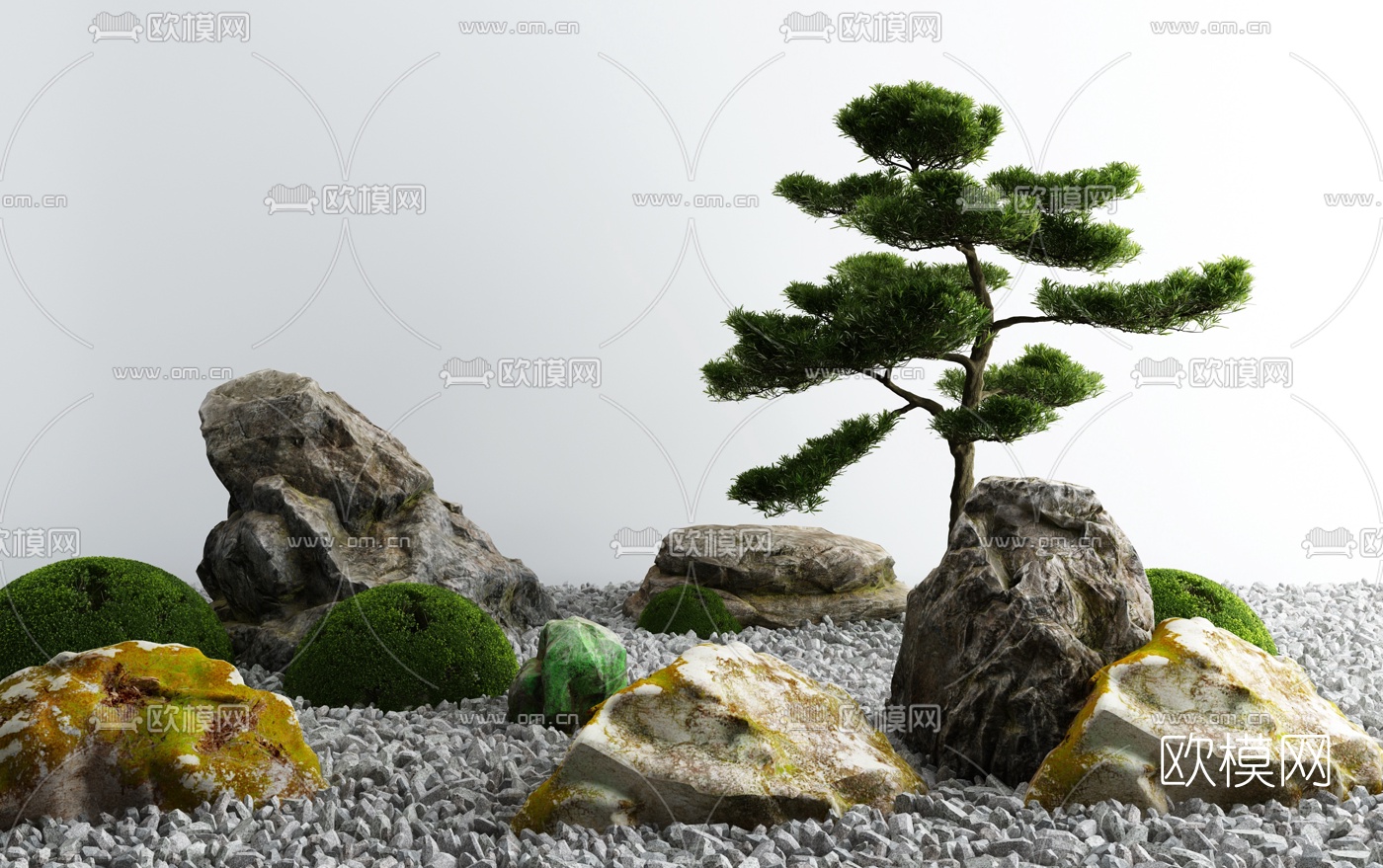 新中式松树假山小品3d模型