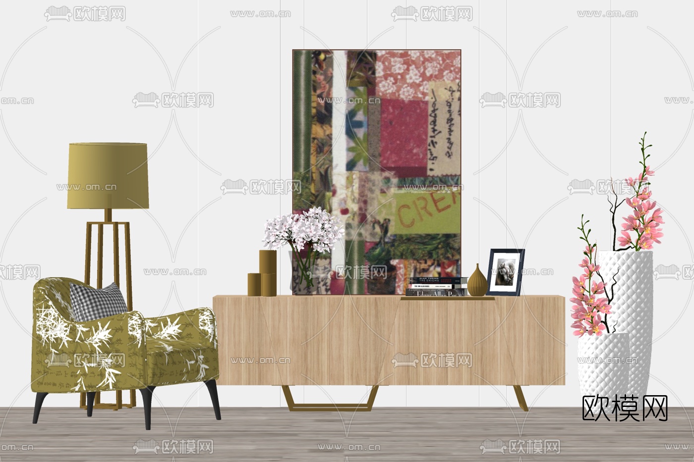 现代实木边柜su模型下载