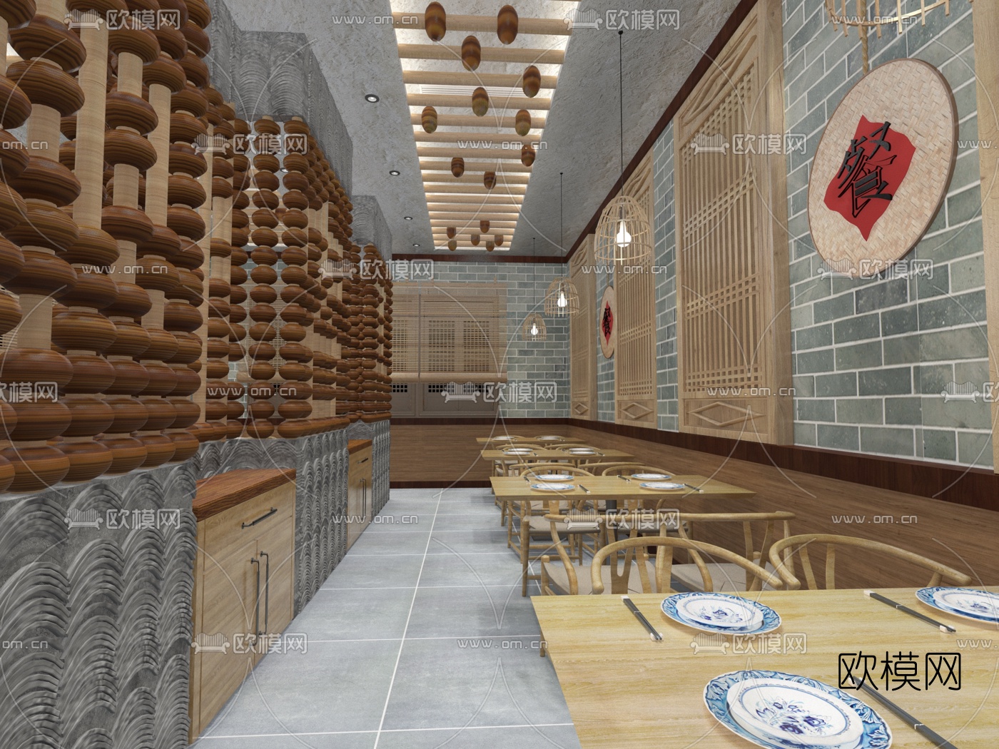 新中式中餐厅免费3d模型下载（渲染图3）