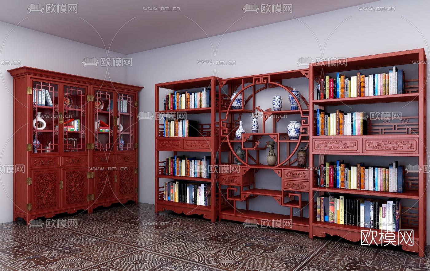 中式博古架书架3d模型