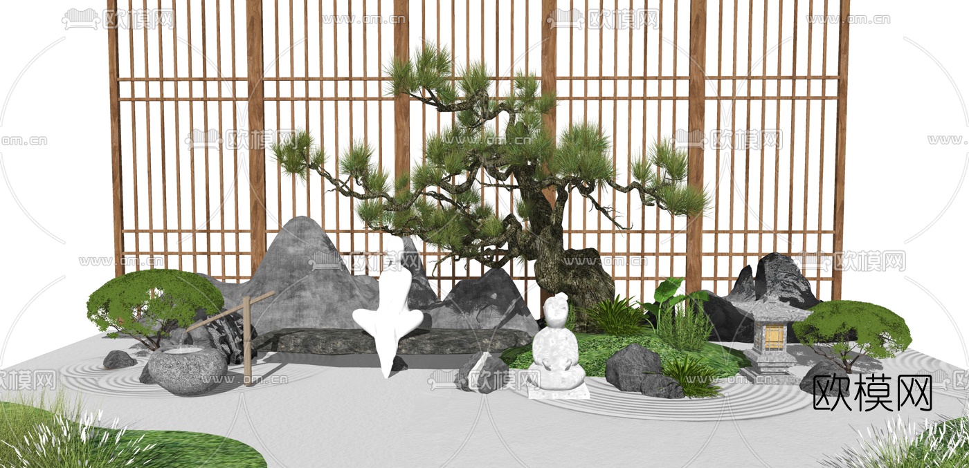新中式假山佛像松树景观小品su模型