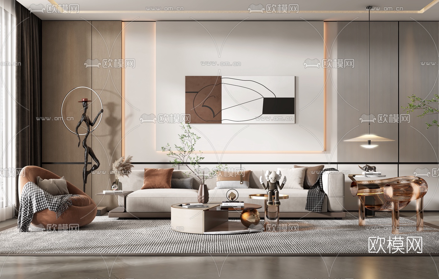 现代布艺沙发组合3d模型-免费3dmax模型库-欧模网