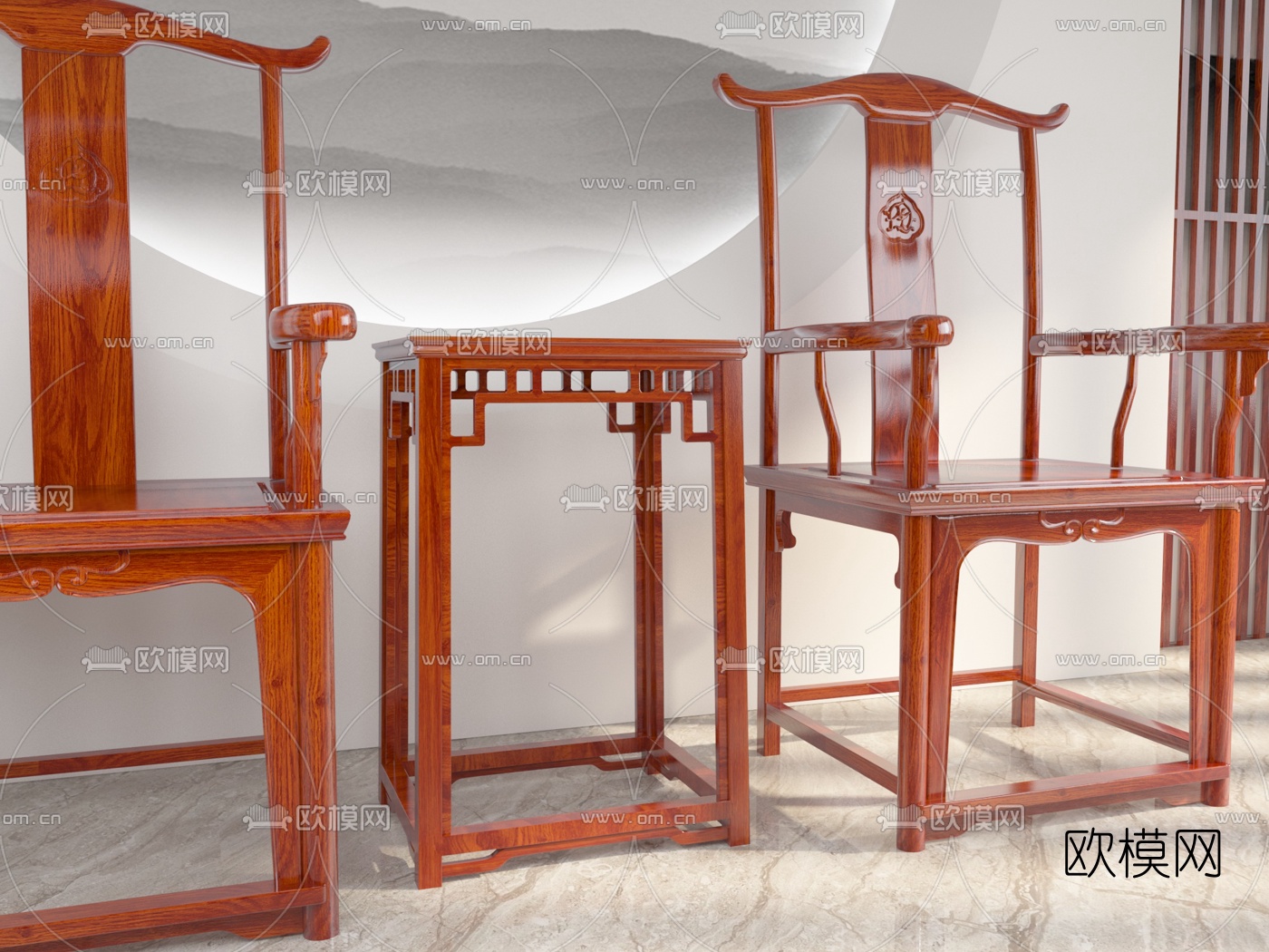 中式红木官帽椅3d模型下载（渲染图2）