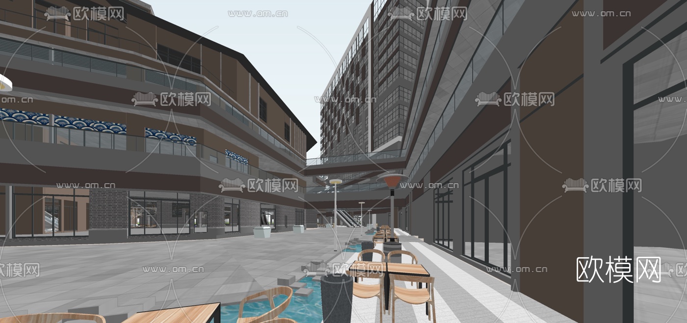 新中式商业综合体建筑外观su模型下载（渲染图3）