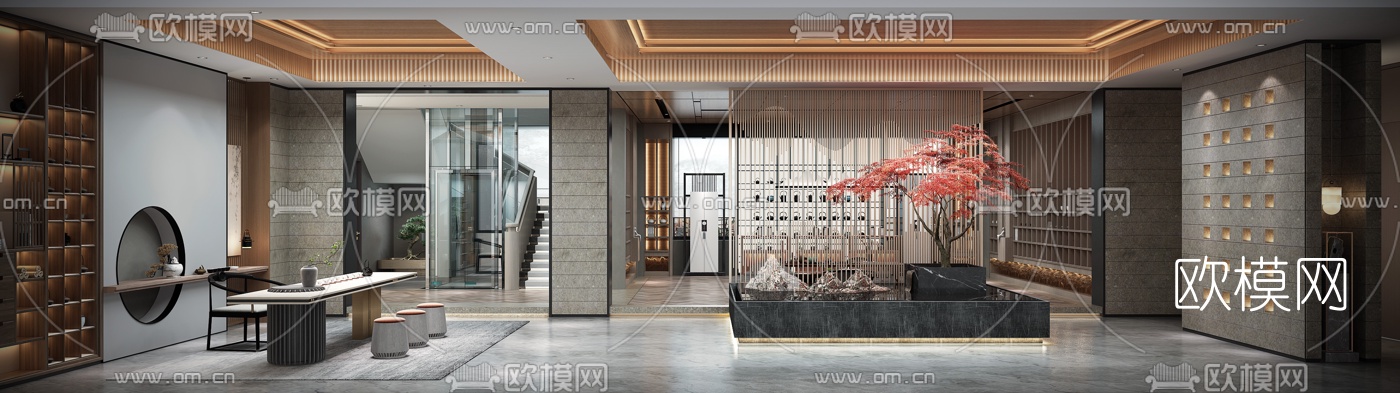 新中式会所大堂3d模型