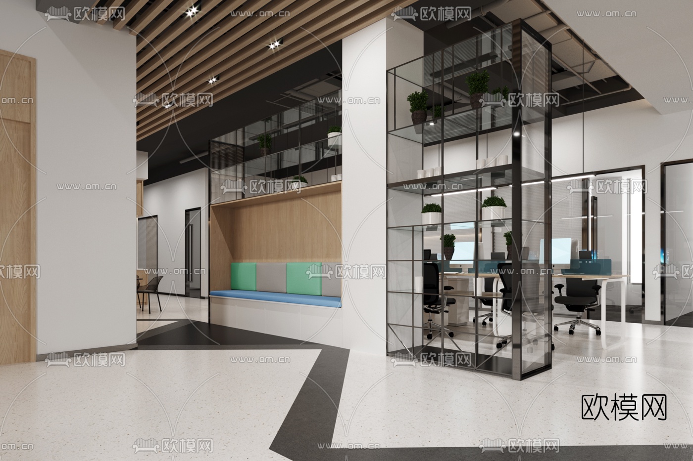 现代敞开式办公区3d模型下载（渲染图2）