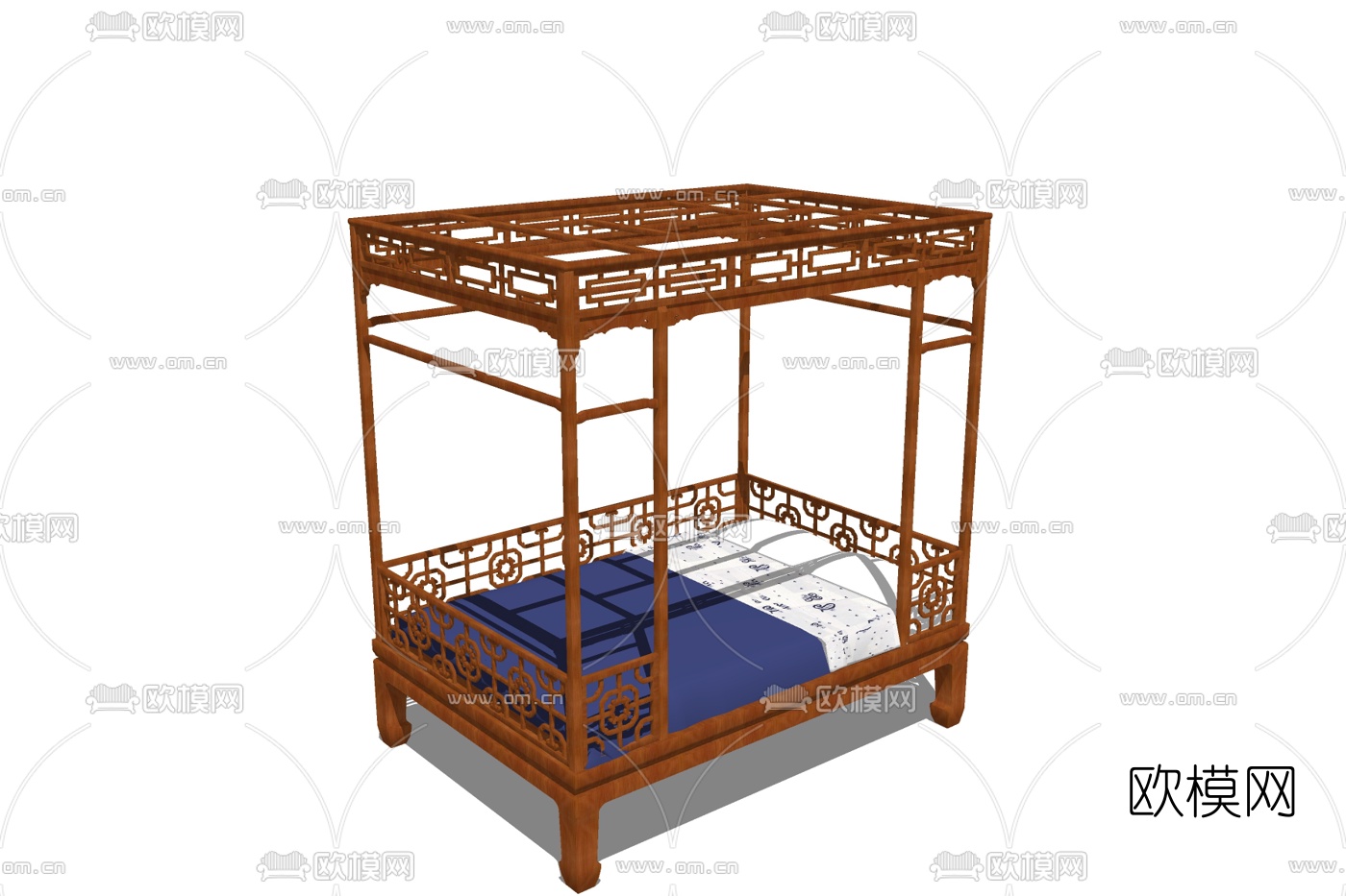新中式实木双人床su模型下载
