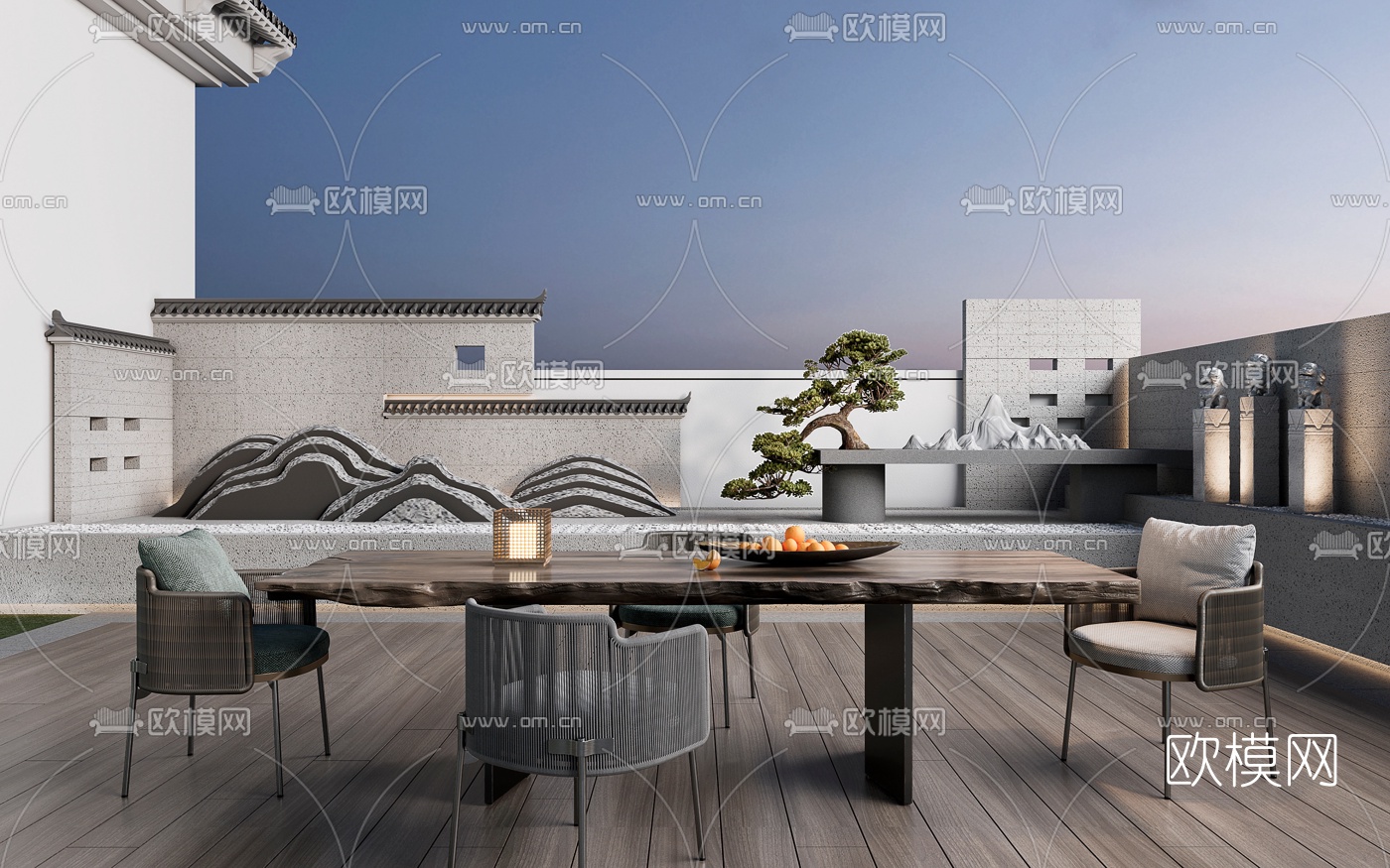 新中式别墅庭院3d模型下载（渲染图1）