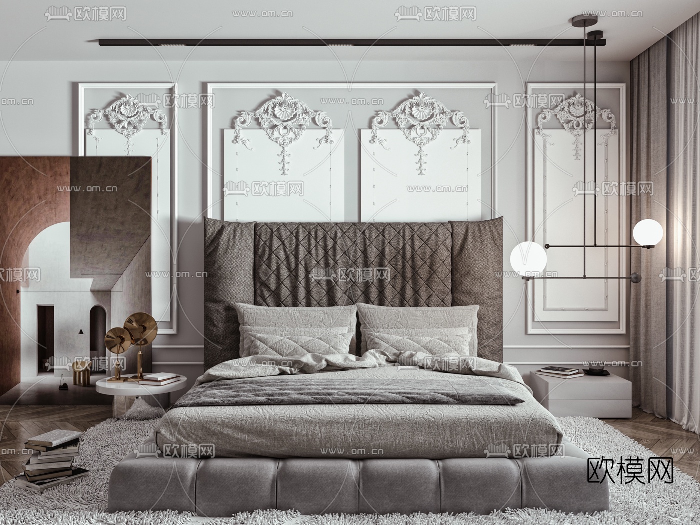 简欧布艺双人床3d模型下载