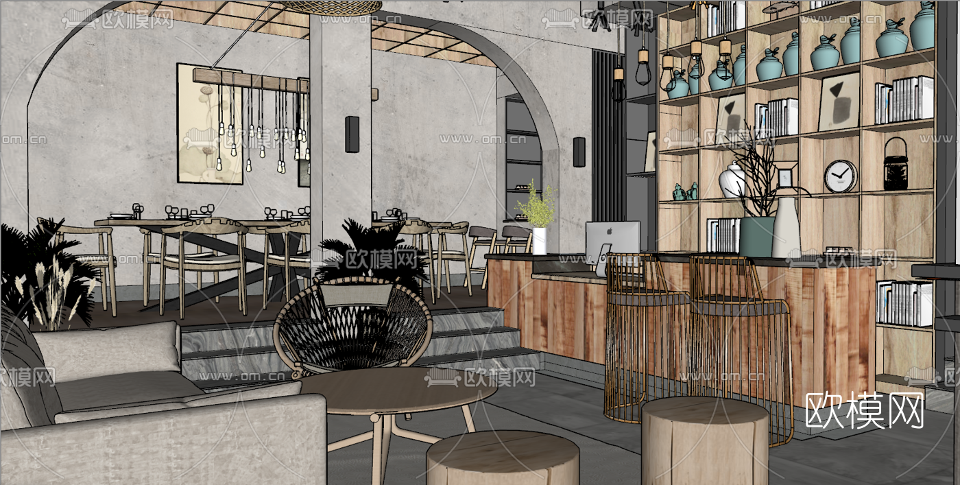新中式民宿前台su模型下载（渲染图2）