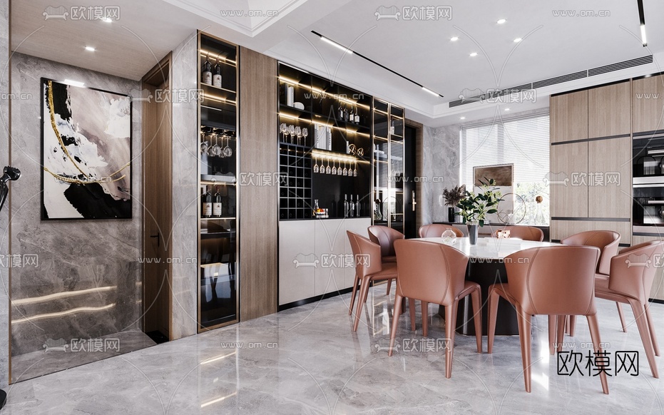 现代简约复式客厅餐厅3d模型下载(渲染图5)