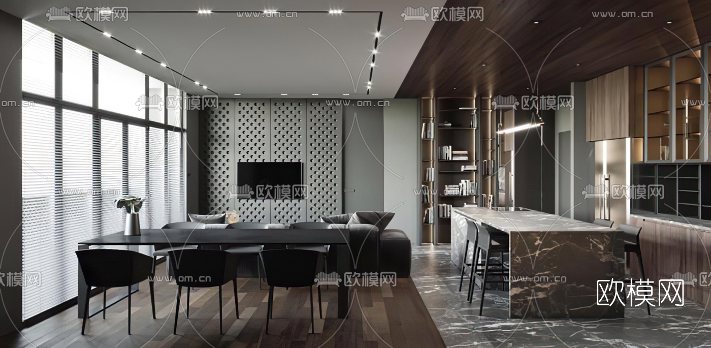 现代公寓客厅餐厅3d模型下载（渲染图3）