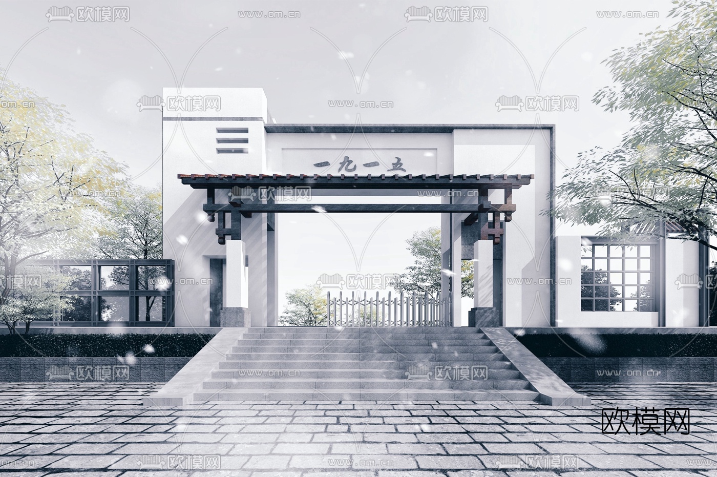 新中式学校大门3d模型