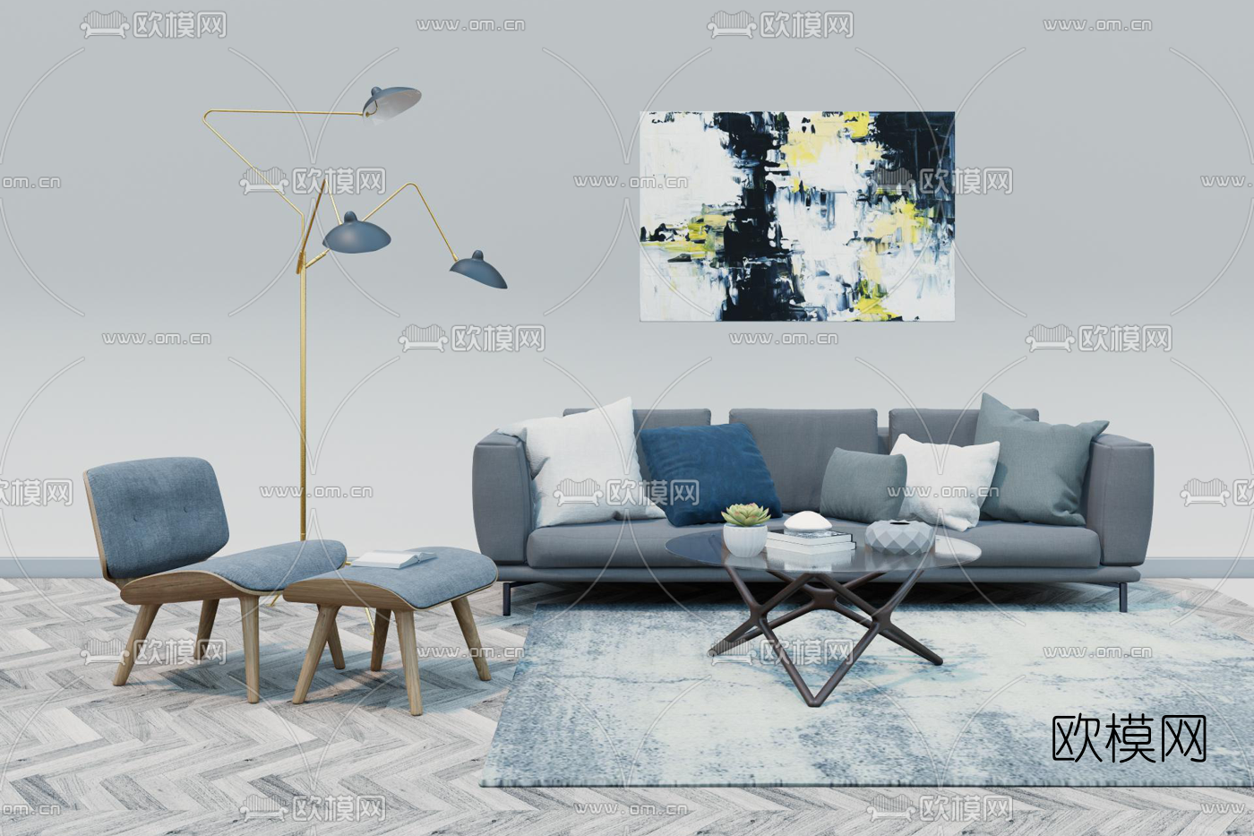北欧布艺组合沙发su模型下载（渲染图1）