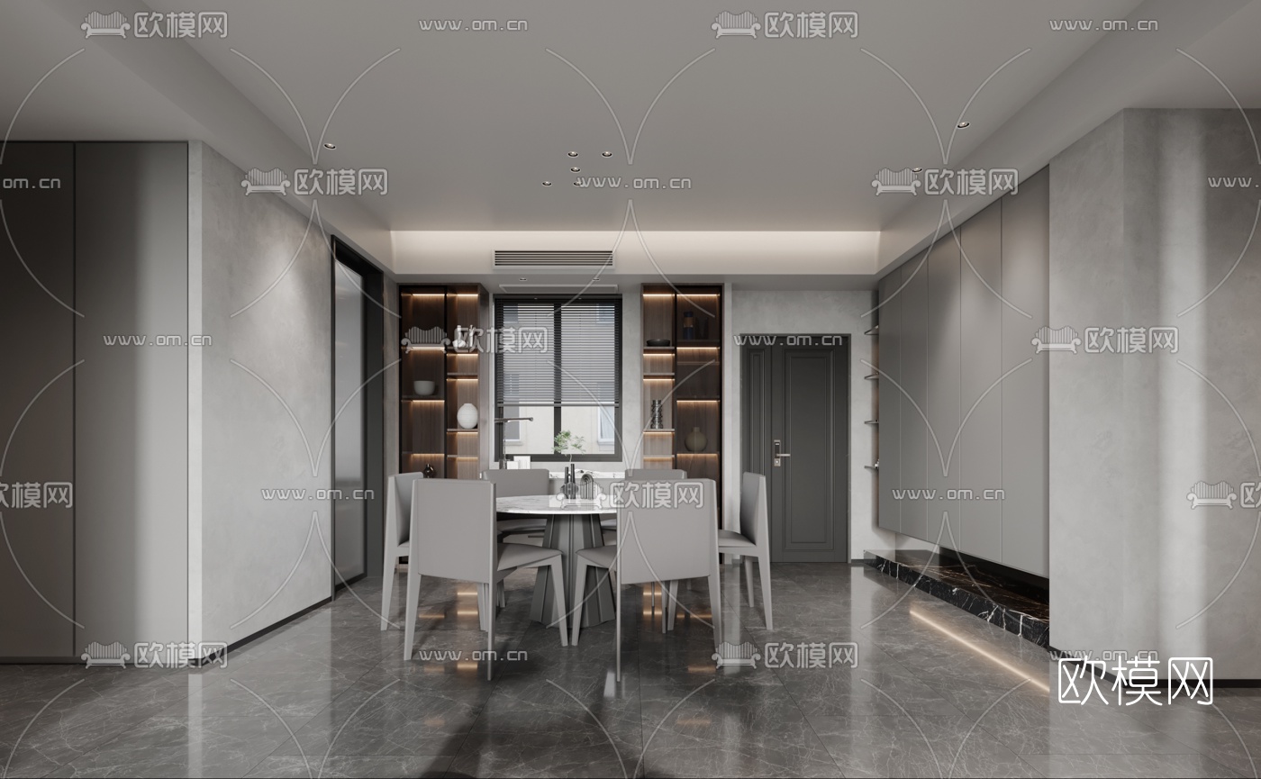 现代高级灰客厅餐厅3d模型下载（渲染图3）