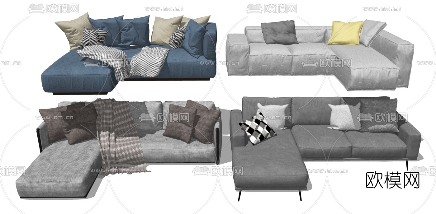 现代布艺转角多人沙发su模型