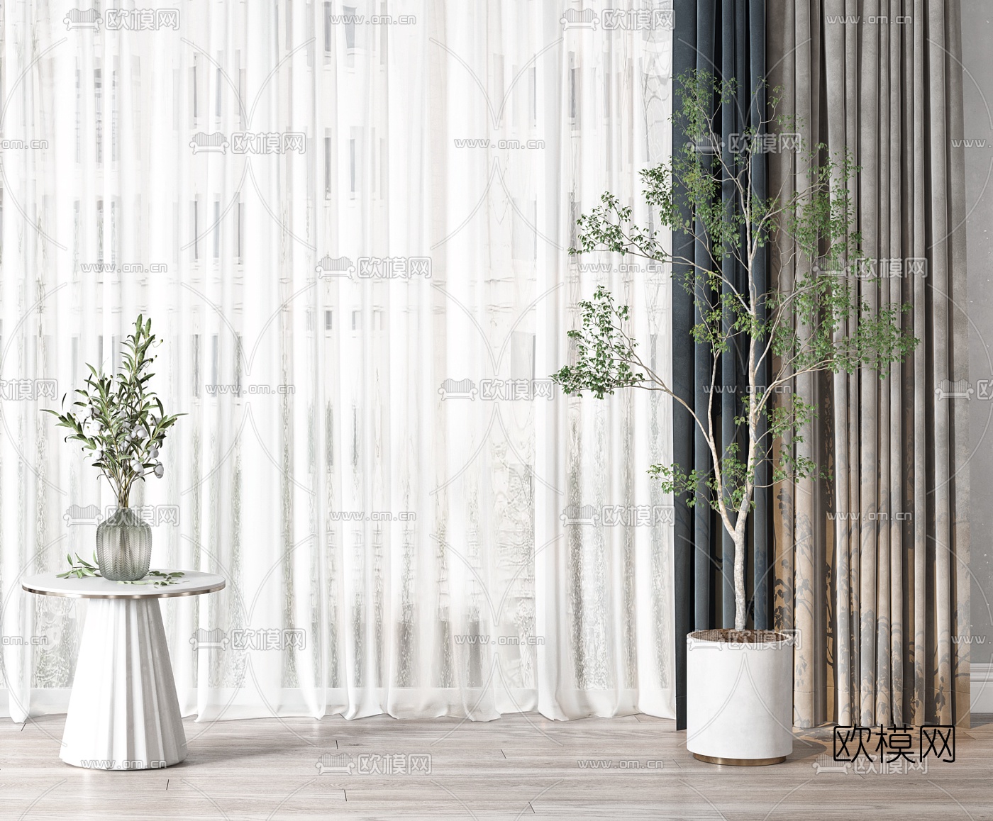 现代布艺窗纱窗帘3d模型下载（渲染图3）