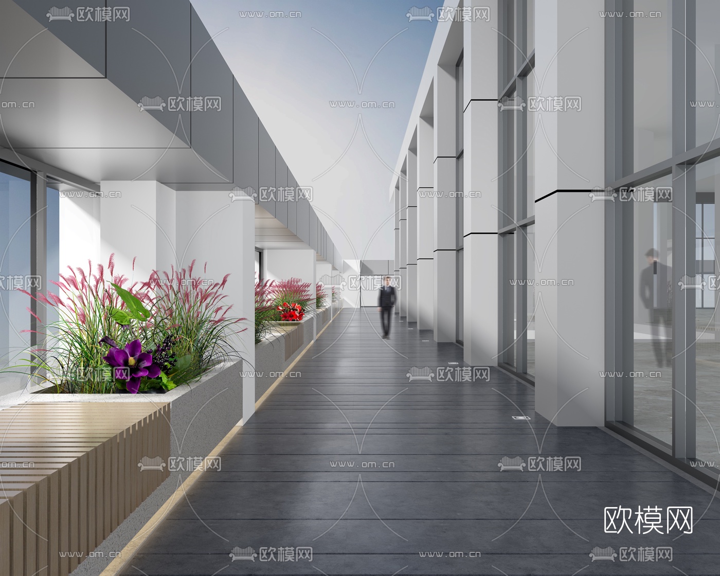 现代办公楼露台走廊过道3d模型下载