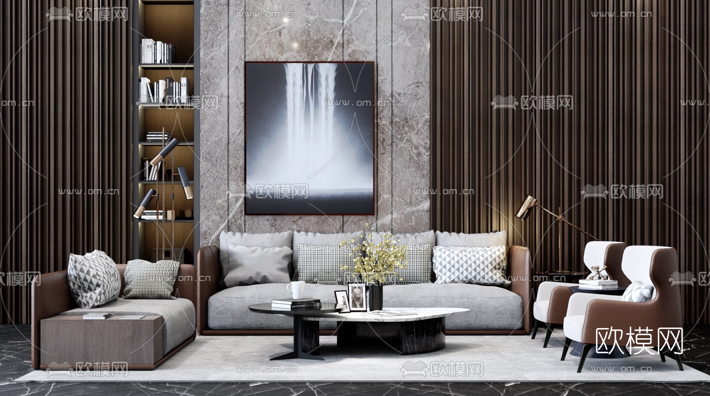 现代轻奢皮革沙发组合su模型下载（渲染图1）