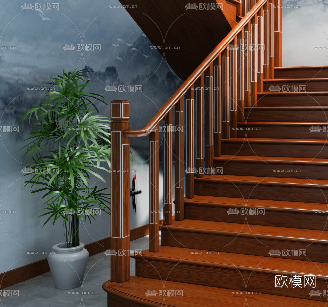 新中式实木楼梯3d模型