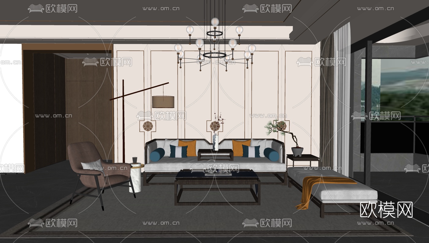 新中式布艺沙发组合su模型下载