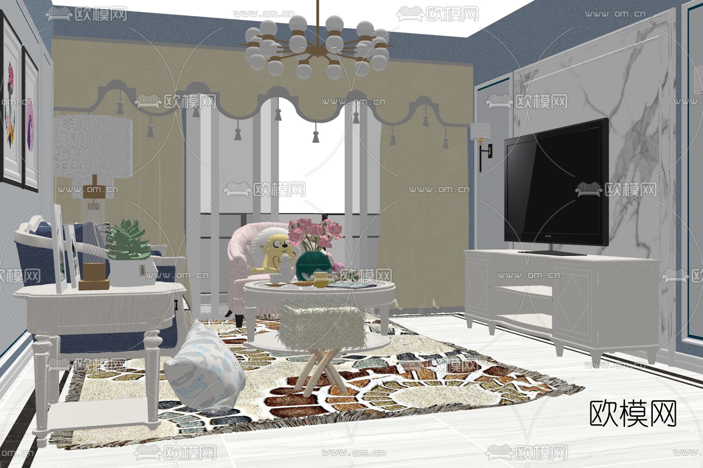 简欧客厅su模型下载