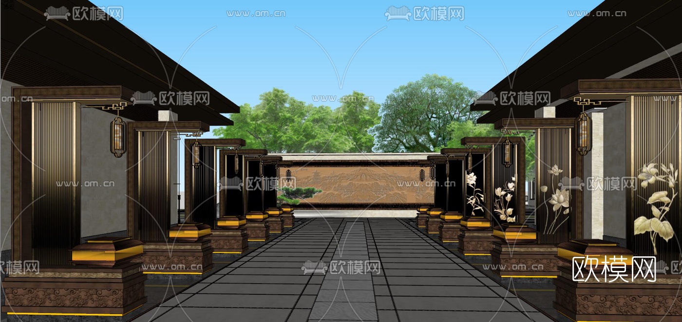 新中式售楼处su模型下载（渲染图3）