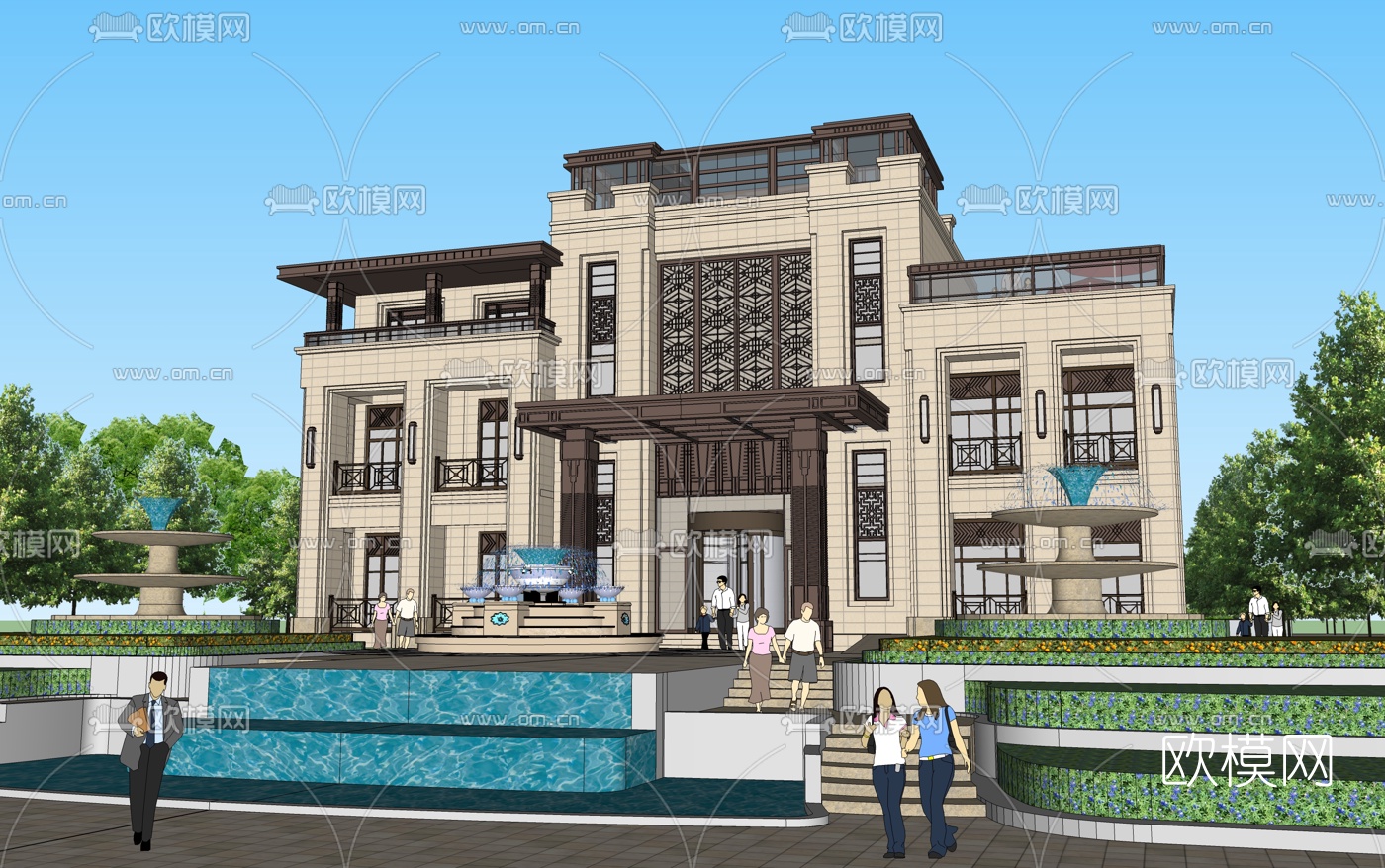 新中式别墅外观su模型下载（渲染图4）