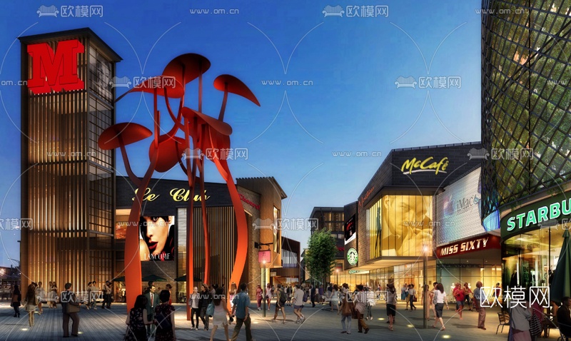 现代傍晚商业街su模型下载（渲染图1）