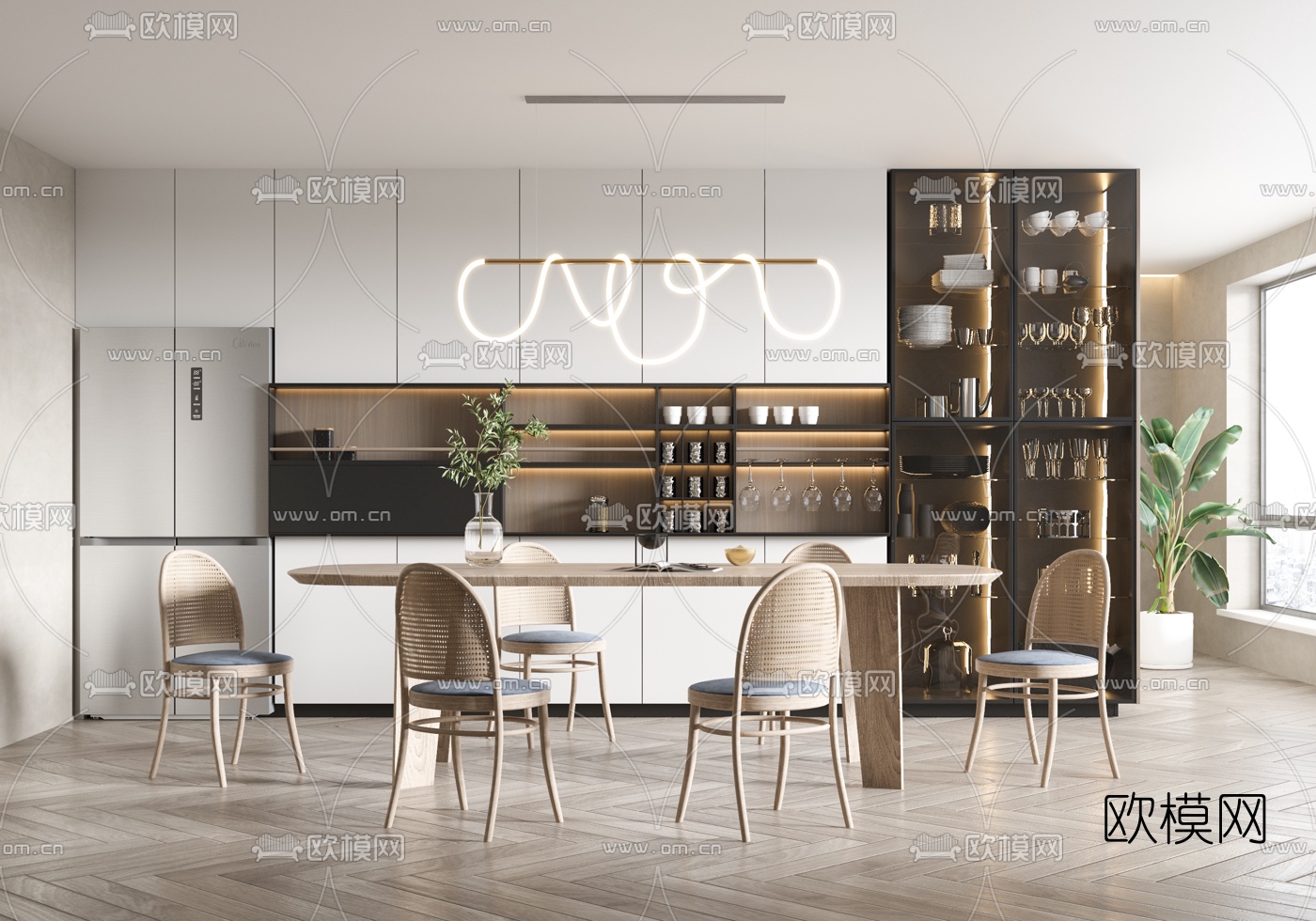 北欧原木条形餐桌椅3d模型下载