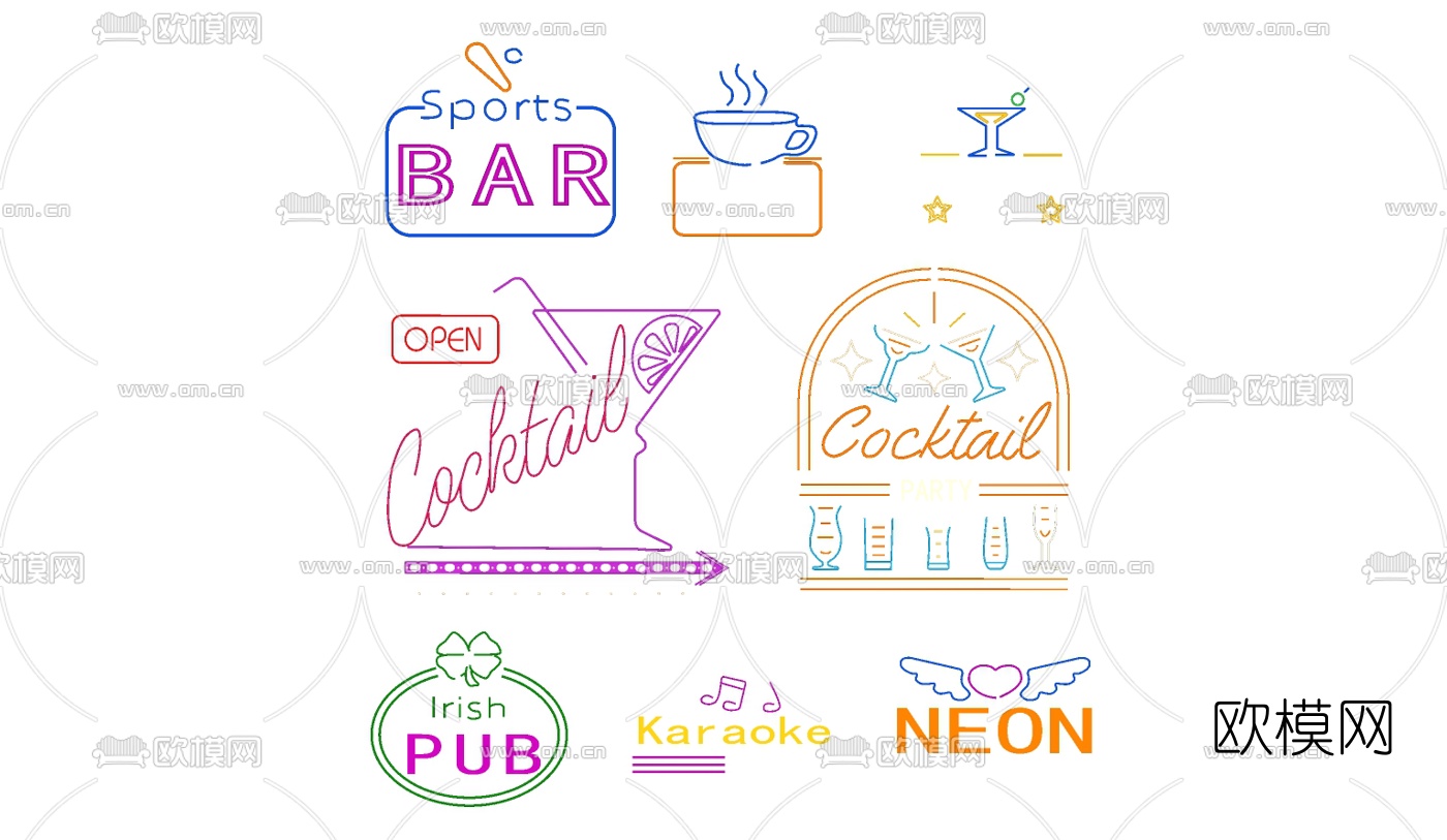 现代商业街店铺霓虹灯su模型下载