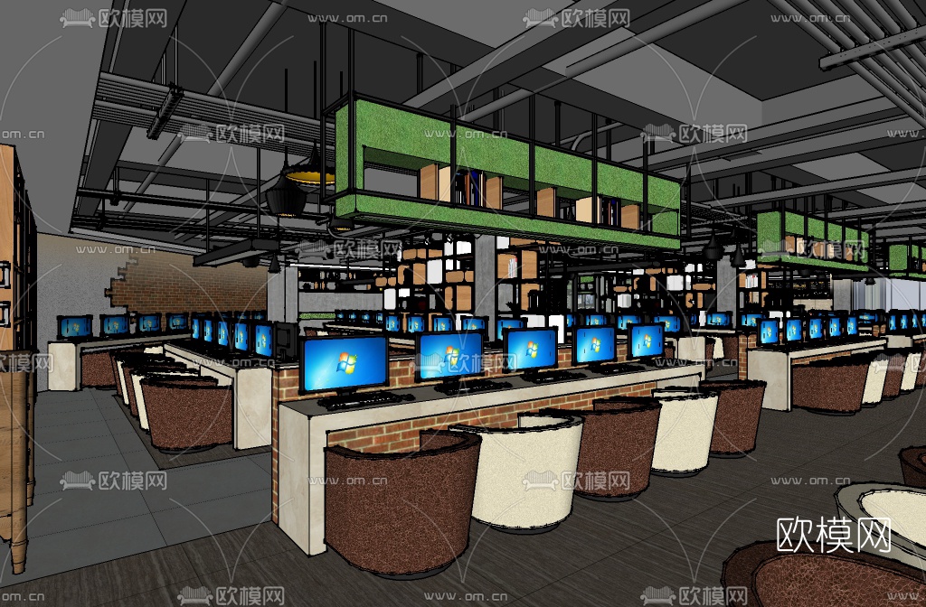 工业风网咖su模型下载（渲染图3）
