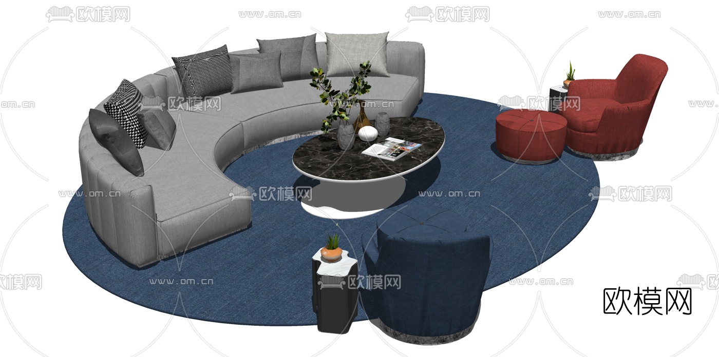 现代布艺弧形沙发组合su模型下载（渲染图2）