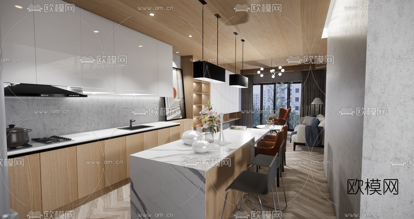 北欧原木客餐厅su模型下载（渲染图1）
