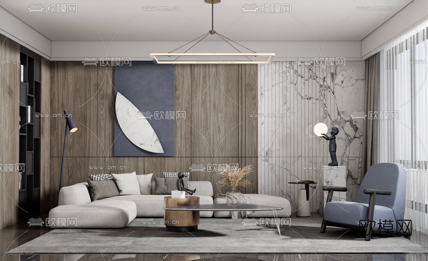 现代轻奢转角沙发组合su模型下载（渲染图1）